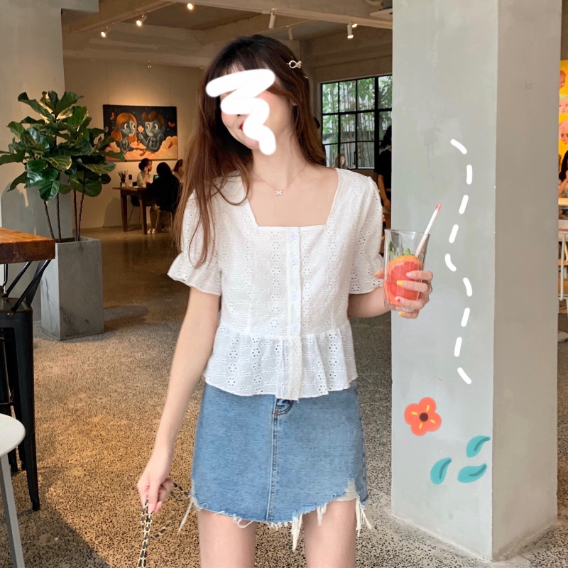 Áo sơ mi tay ngắn dáng ôm phối ren kiểu vintage thời trang mùa hè