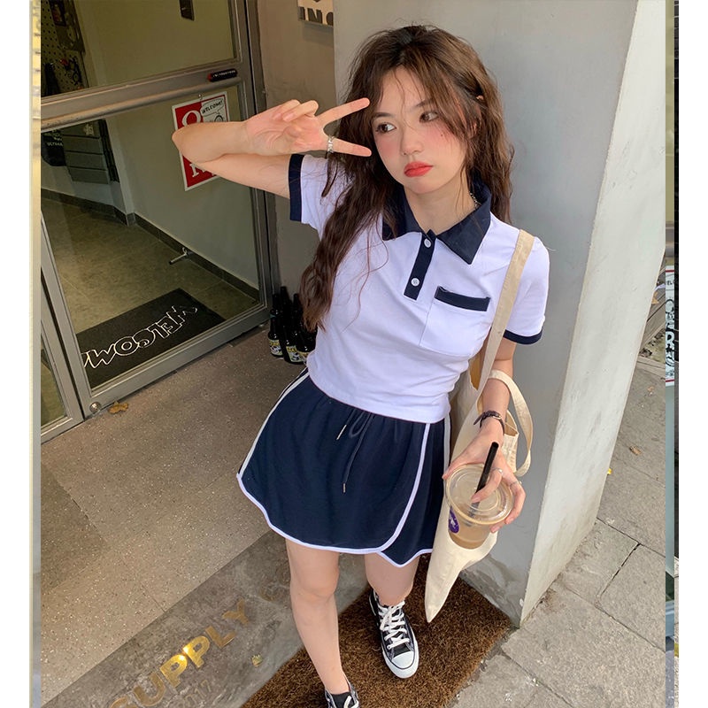 Jiashucheng Hàng Có Sẵn Set Áo Thun polo Ngắn Tay Và Chân Váy Ngắn Phong Cách Preppy Hàn Quốc Thời Trang Mùa Hè Mới Cho Nữ