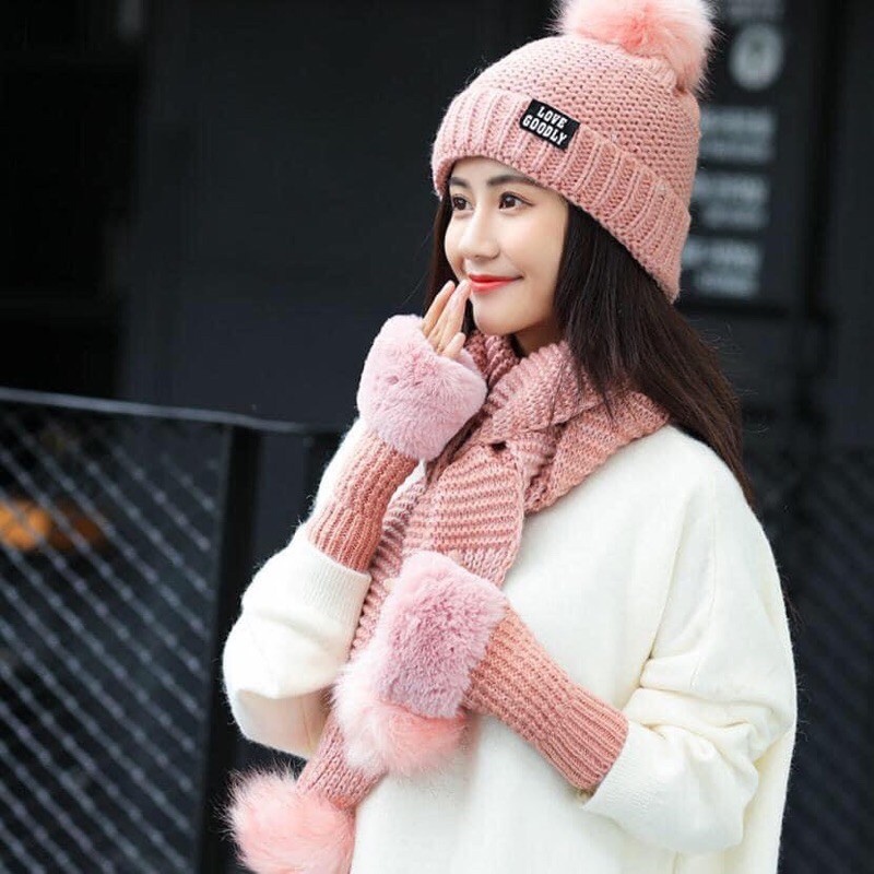 Bộ khăn mũ găng len lông cừu kiểu dáng thời trang hàn quốc dành cho nữ