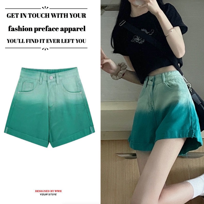 Quần Short Denim Lưng Cao Ống Rộng Phối Màu Gradient Thời Trang Hàn Quốc Cá Tính Dành Cho Nữ S-2Xl