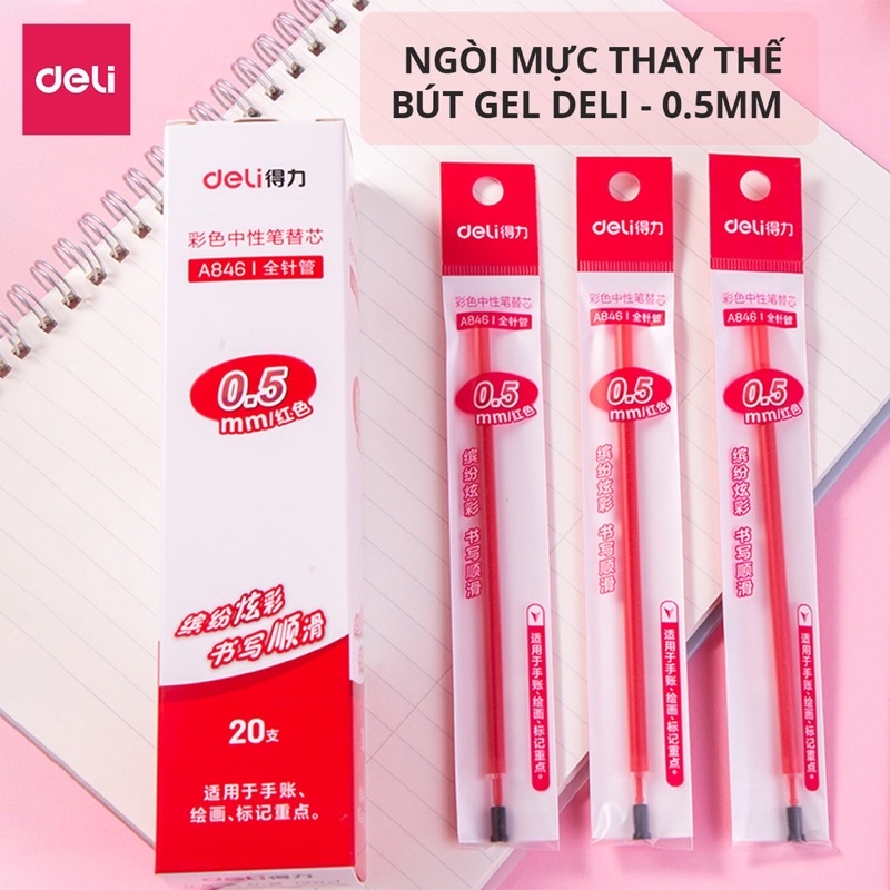 Ngòi bút bi nước Deli, Ruột bút nước mực gel ngòi 0.5mm nhiều màu Deli nhanh khô viết trơn lâu hết mực A846