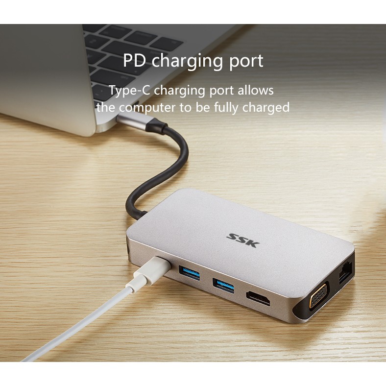 Bộ hub đa năng SSK SHU-C520 cổng TypeC ra USB 3.0/Thẻ nhớ/LAN - kèm chức năng xuất HDMI/VGA