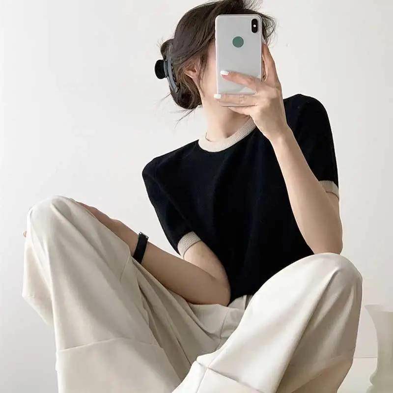 Áo Sweater Tay Ngắn Cổ Tròn Màu Sắc Tương Phản Phong Cách Retro