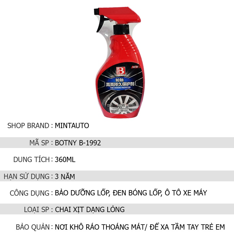 Chai Xịt Bóng Lốp Ô Tô, Xe Máy Bảo Dưỡng Lốp Xe Botny B-1992 Dung Tích 360ml