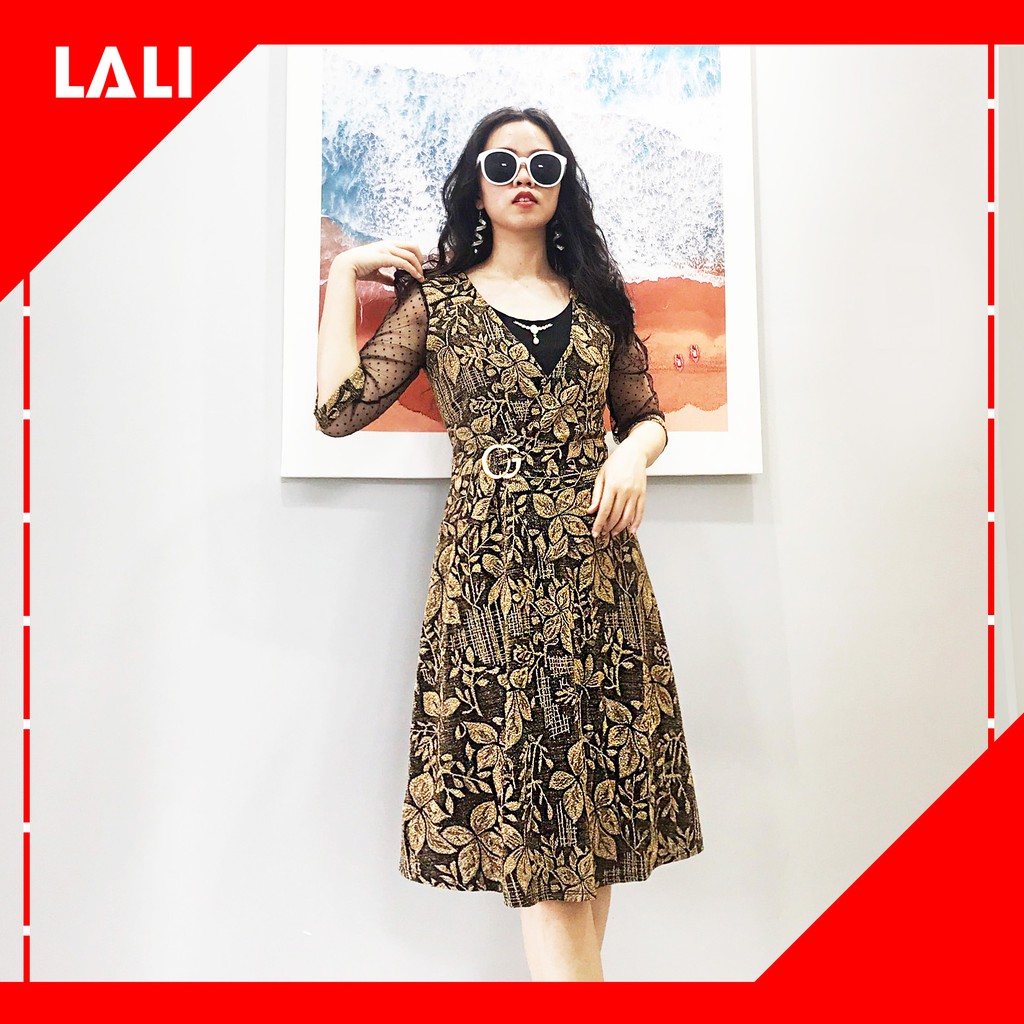 Đầm trung niên LALI dáng xòe phối ren peplum, váy trung niên big size tay lỡ MS69