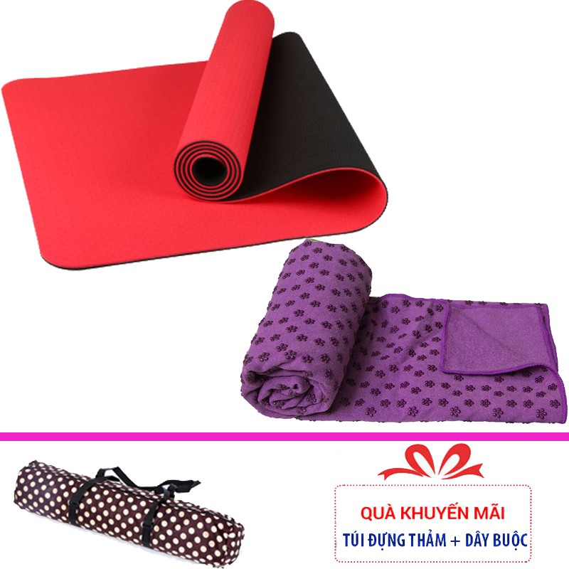 Combo thảm tập yoga TPE 6mm 2 lớp + Khăn trải thảm yoga (Tặng kèm túi đựng thảm)