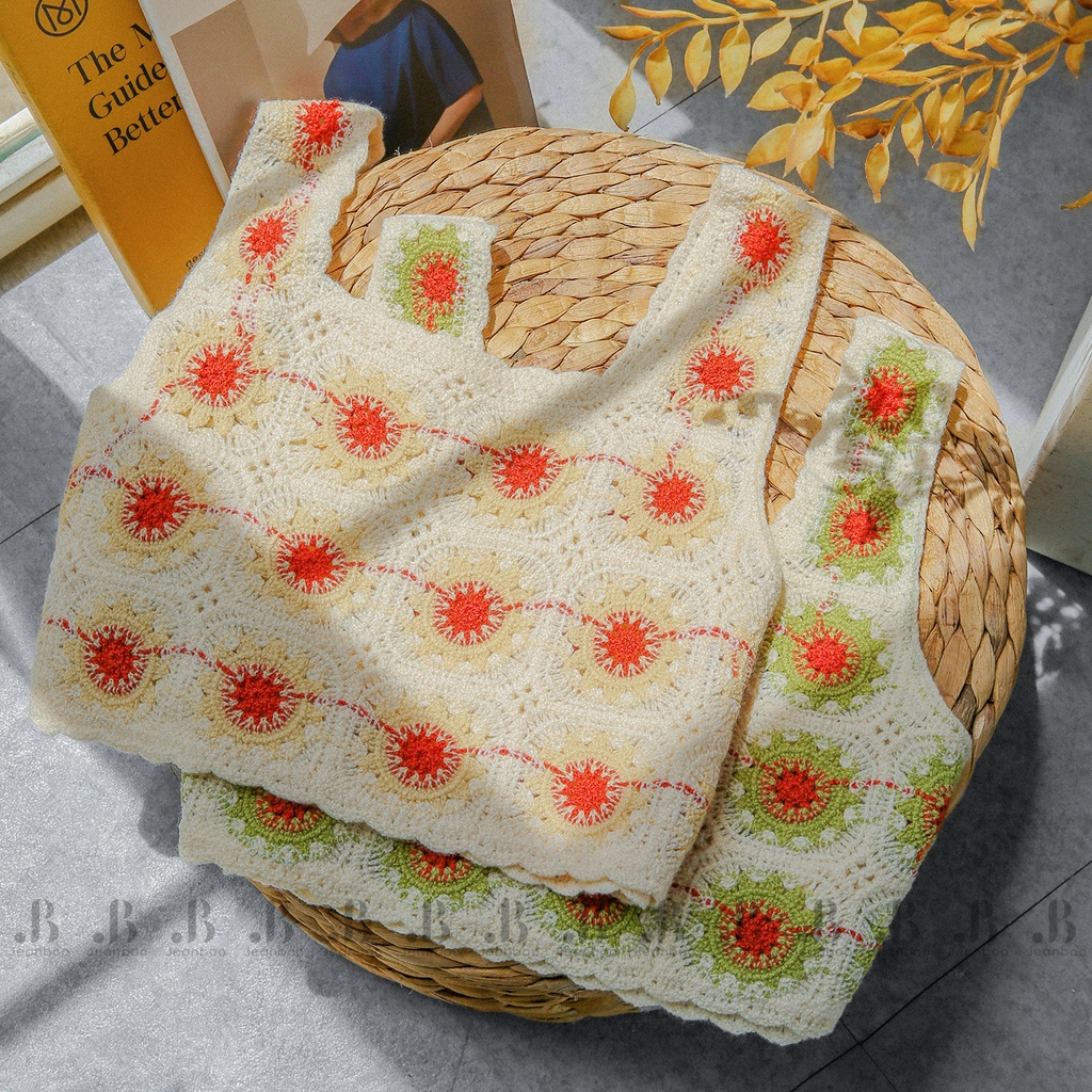 Áo croptop nữ 2 dây bản to Hoa mặt trời, áo croptop cổ vuông crt len ôm body - Jeanboo