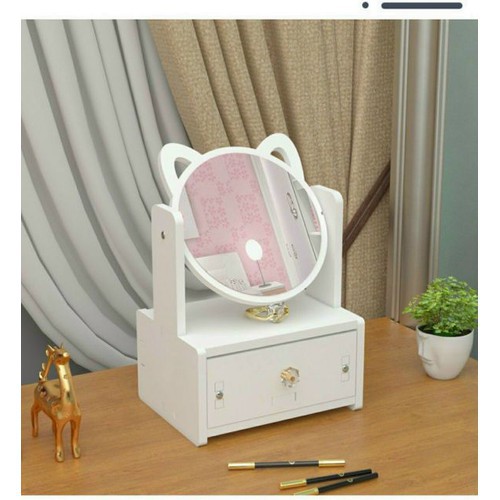 Kệ Tủ Mỹ Phẩm Hai Tầng Mini Có Gương Tai Mèo Để Bàn Trang Điểm