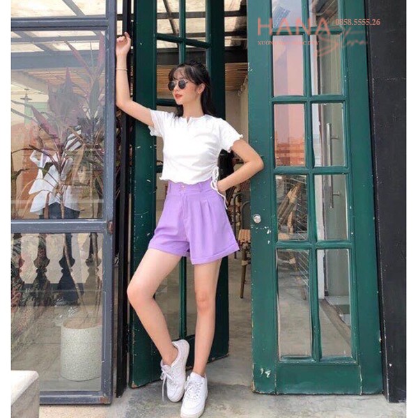 Quần short cạp cao nữ gập gấu đen trắng dáng quần đùi nữ mặc nhà cạp cao ống rộng có túi vải tuyết mưa dày mềm đi biển