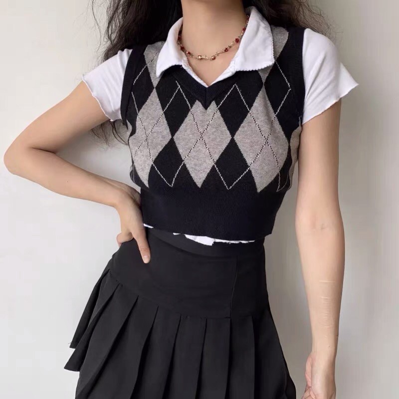 (order) Áo gile croptop Hồng/Đen/Nâu len dệt kim