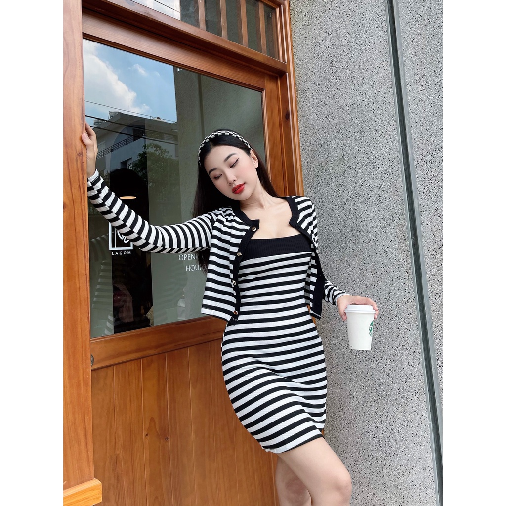 Set đầm sọc Visa kèm khoác ngoài trẻ trung cá tính DS96