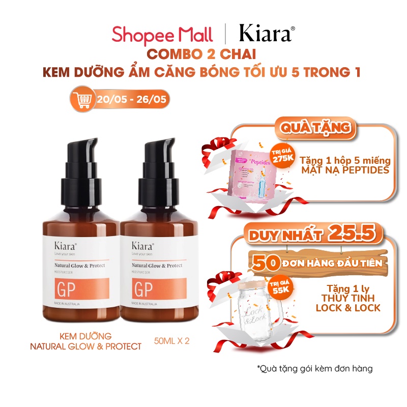 Combo 2 Chai Kem dưỡng ẩm phục hồi da Kiara Natural Glow &amp; Protect 2x50ml