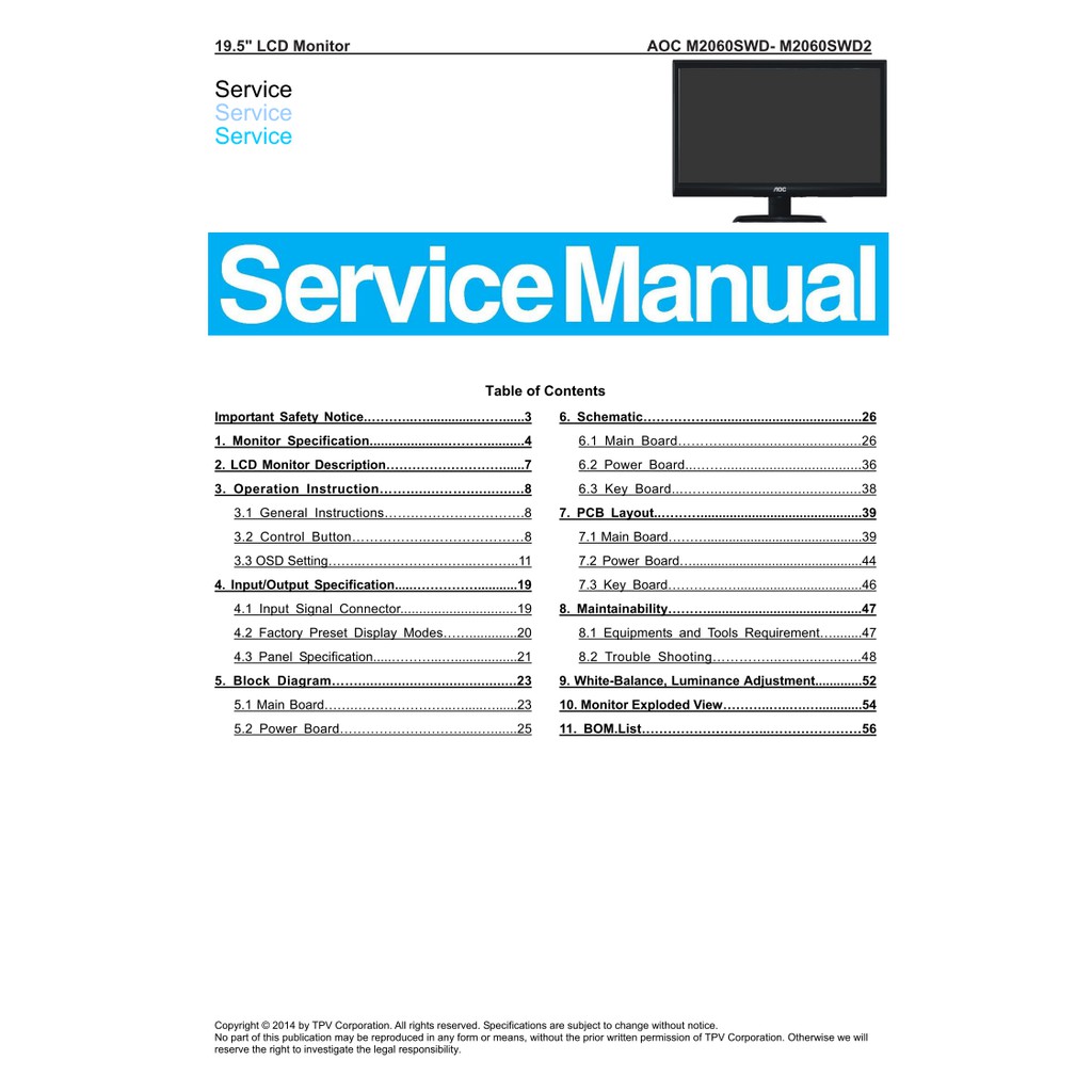 Hướng dẫn sửa chữa và sơ đồ màn AOC M2060SWD M2060SWD2