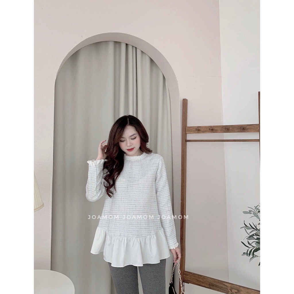 Áo sơ mi bầu dạ phỗi bèo cách điệu Joamom Ab126