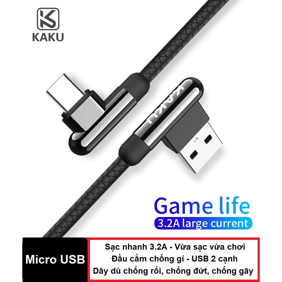 Cáp sạc chơi game micro USB android KAKU - Sạc nhanh 3.2A - Dây dù chống rối chống đứt - USB 2 cạnh - Đầu sạc vuông góc