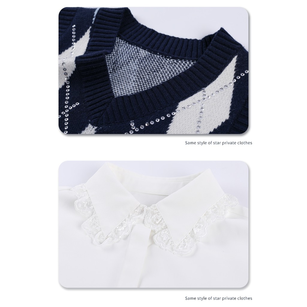 Rose blackpink Set Áo Sơ Mi Dài Tay Cổ Chữ V + Áo Khoác Len Không Tay Thời Trang Nữ