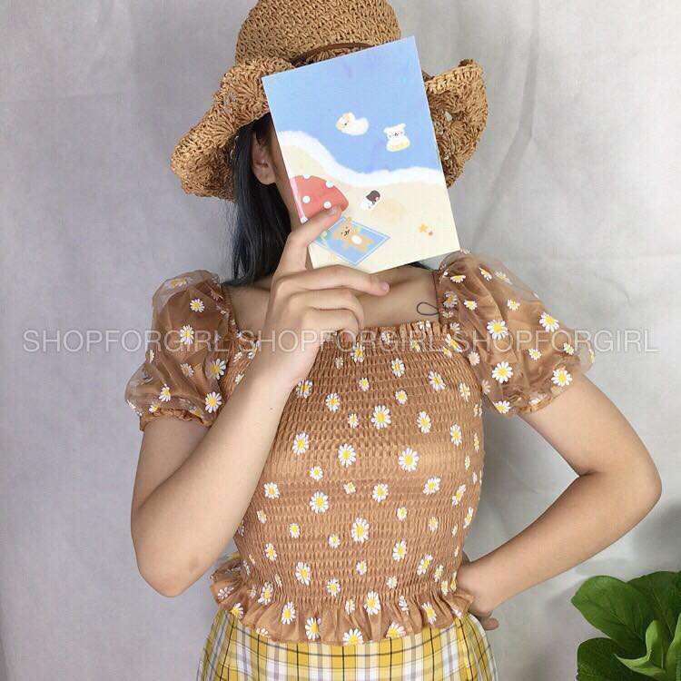 Áo tay phồng hoa cúc màu trắng tay ngắn - shop8868