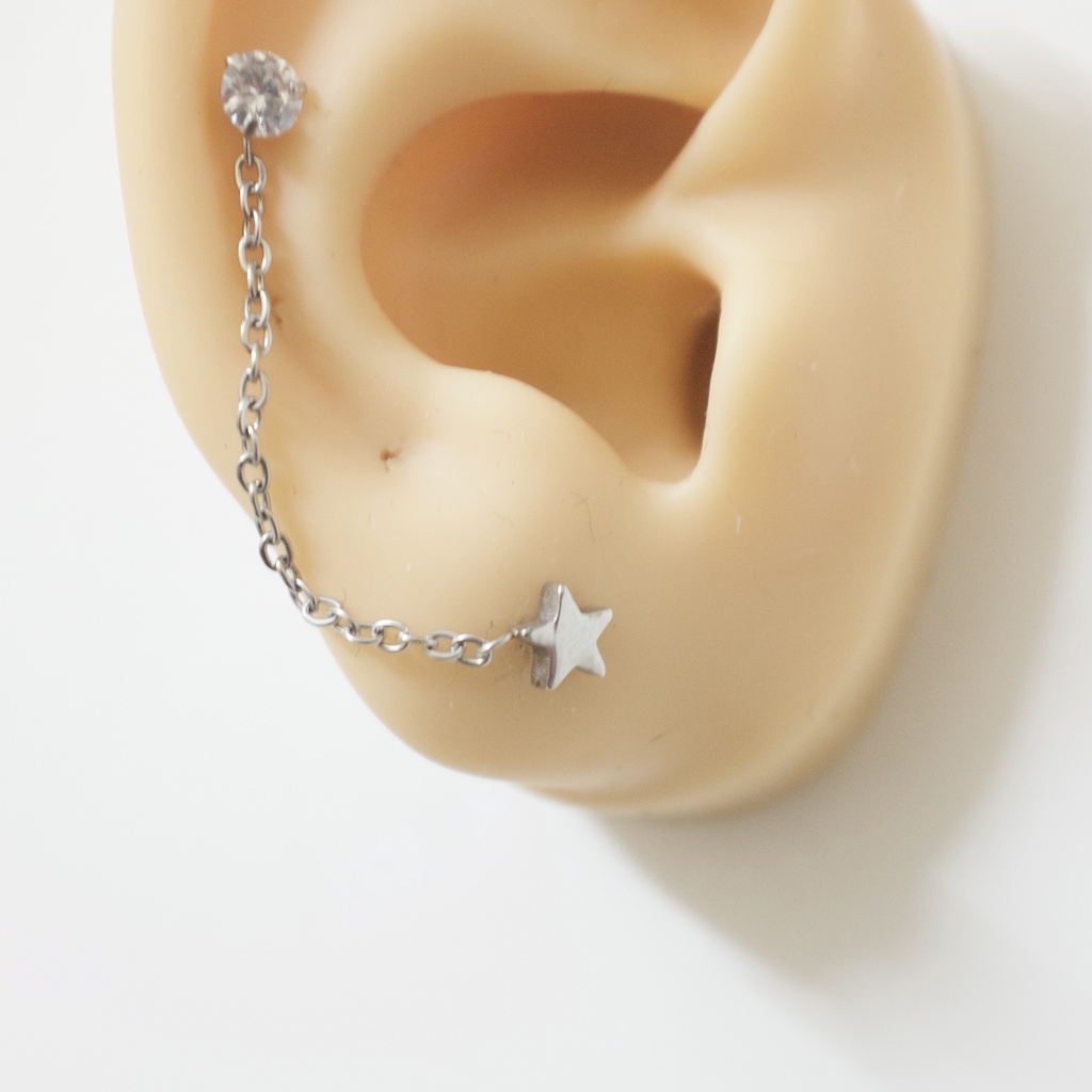 Khuyên Tai 2 Lỗ Xỏ 1 Đá Tròn 1 Ngôi Sao Dây Nối Đuôi Bi Dây Xích Không Đen Không Gỉ Sét Julies Box