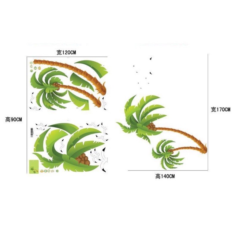 Decal dán tường - 2 Cây Dừa Nghiêng hạt trắng size lớn (2 tấm )
