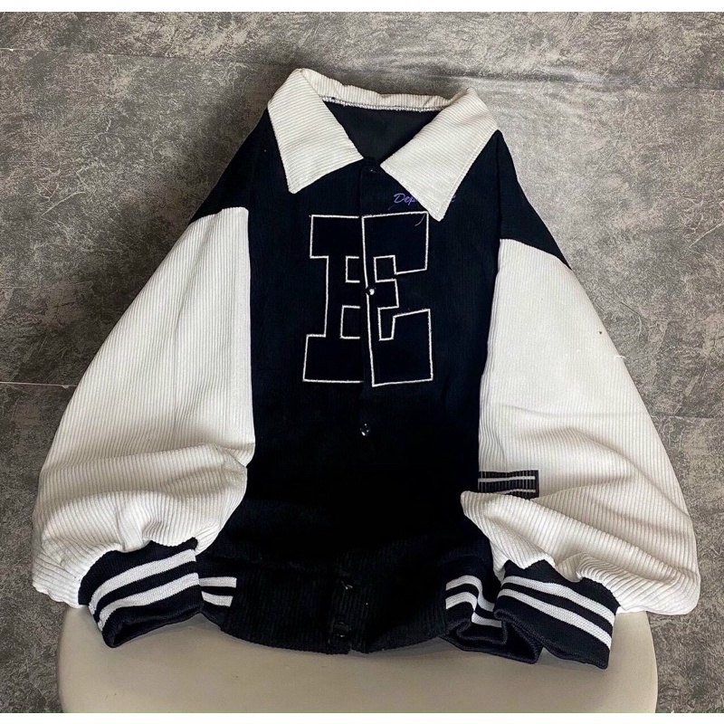 Áo khoác nỉ bomber bóng chày nam nữ form rộng unisex chữ E chất len tăm Áo khoác bomber cổ bẻ ulzzang  freeship  sale