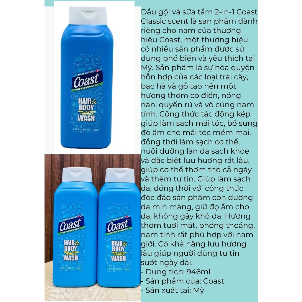 Sữa tắm gội Coast Classic Scent - Mỹ - 946ml