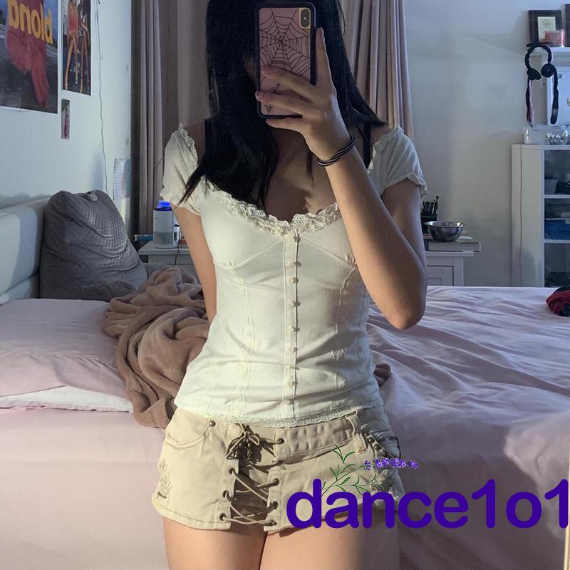 Áo kiểu tay ngắn phối ren phong cách vintage Y2K cho nữ