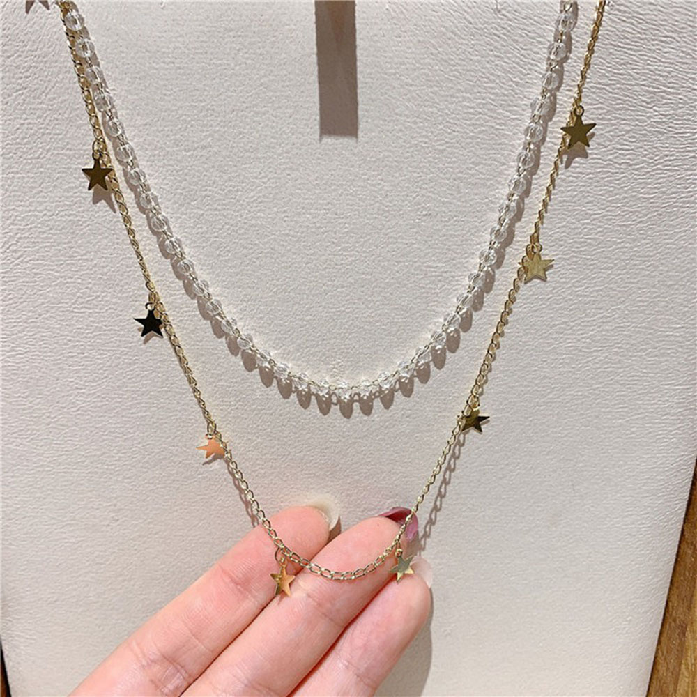 Vòng Cổ Choker Nhiều Lớp Mặt Ngôi Sao Lấp Lánh Xỏ Hạt Trong Suốt Thời Trang