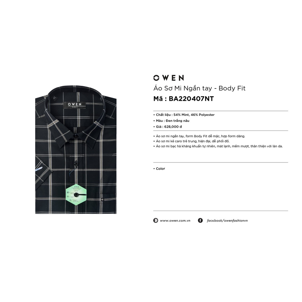 Áo Sơ Mi Nam Ngắn Tay OWEN BA220407NT Somi Công Sở Cao Cấp Màu Đen Kẻ Caro Trắng Nâu Vải Bạc Hà Dáng Body Fit Tà Bằng