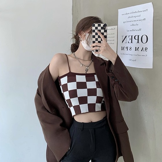 QADCOL Áo hai dây dệt kim dáng ôm họa tiết kẻ sọc phong cách retro cho nữ