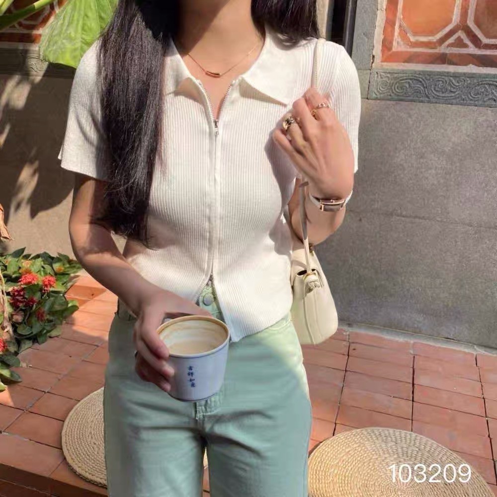 Áo kiểu phối khoá xẻ tà Forgirl cổ bẻ nữ cộc tay hot 2021