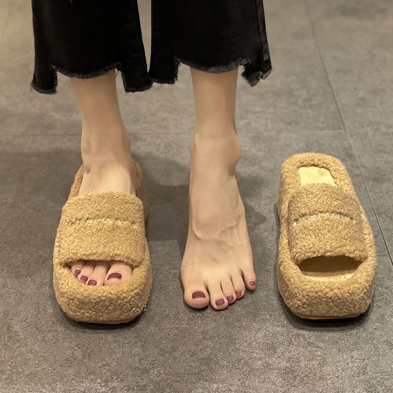 Dép Bông Đế Xuồng Siêu Cao Chống Trượt In Chữ Furry Dễ Thương Thời Trang Thu Đông Cho Nữ