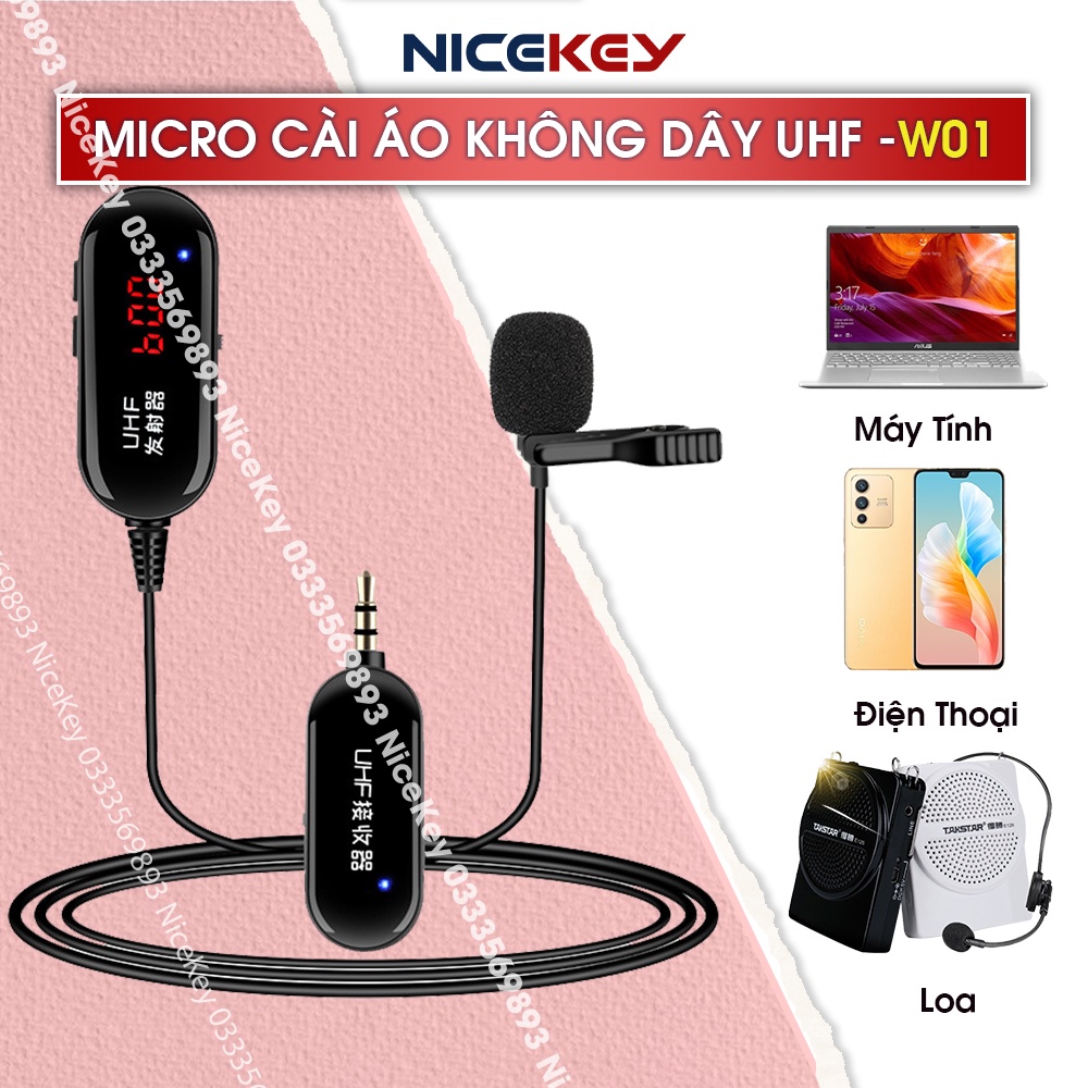 [CHINH HÃNG Mic Không Dây Cài Áo W01 Sử Dụng Sóng UHF Kết Nối Loa Trợ Giảng, Loa Kéo, Amly, Điện thoại, ⚡BH 1 NĂM⚡