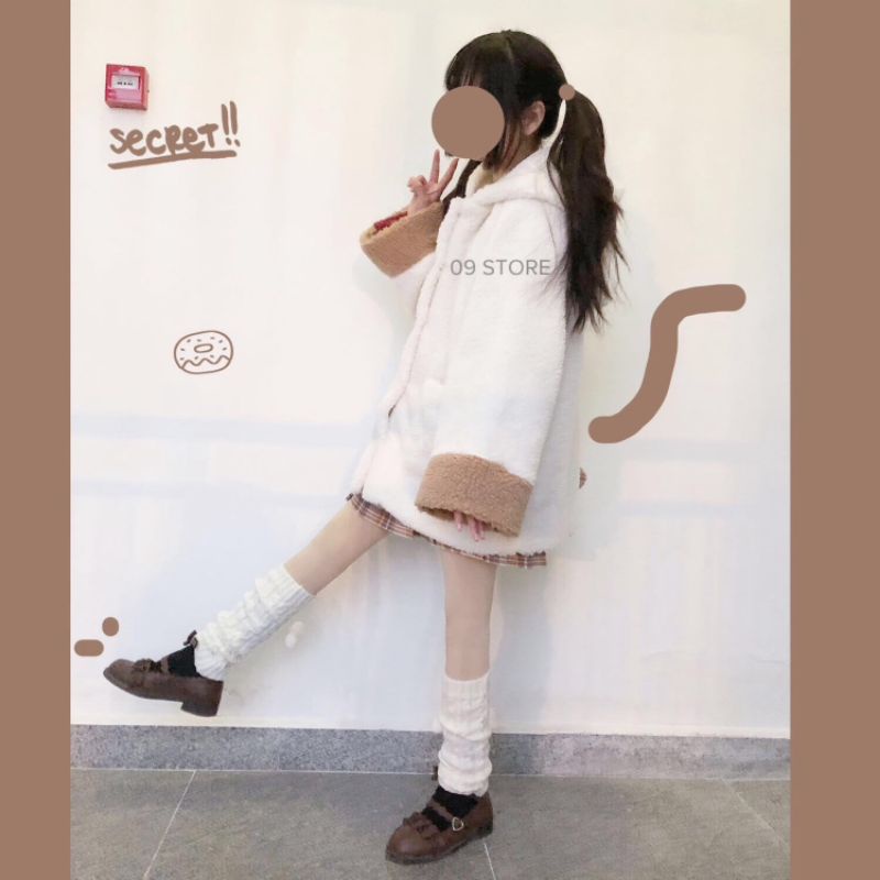 Áo khoác lông cừu mũ thỏ, áo lông cừu mũ thỏ phong cách loli