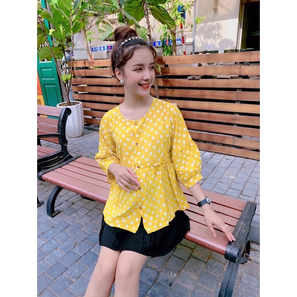 Áo bà bầu mùa hè tay lỡ chất tơ đũi chấm bi thiết kế cao cấp trẻ trung công sở