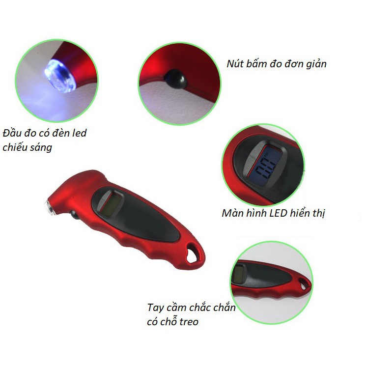 Máy đo áp suất điện tử lốp xe máy ô tô có đèn led dùng được ban đêm hiển thị 4 loại đơn vị đo lường