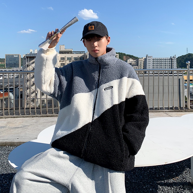 Áo khoác lông cừu AOKANG cổ đứng phối màu cá tính phong cách Nhật Bản thời trang cho nam