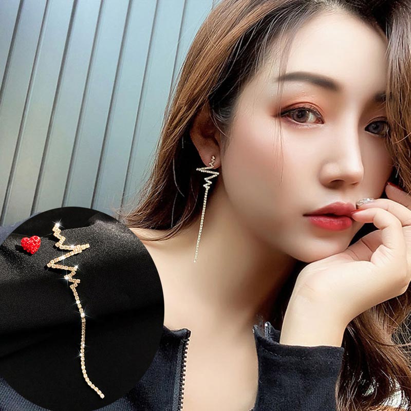 Khuyên tai kim bạc 925 hình trái tim đỏ không đồng đều kiểu Hàn Quốc retro