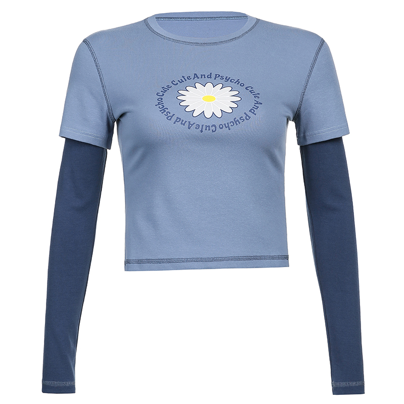 ✿-LZZ-✿-Women Casual Long Sleeve T-shirt, Blue Round Collar Letters and Floral Printed Pattern Tops