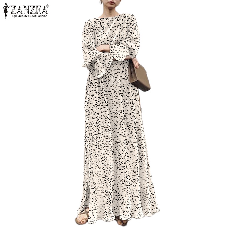 Đầm nữ ZANZEA dài tay cổ tròn chấm bi xẻ tà thời trang Hàn Quốc