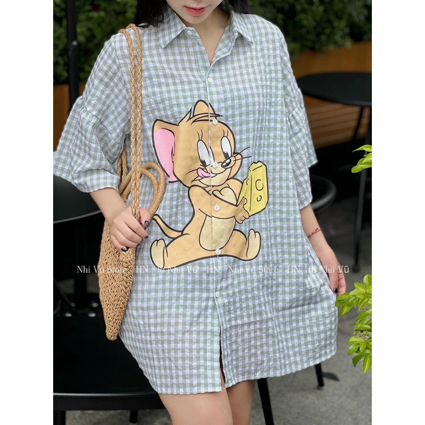 [10.10 Sales Freeship] Đầm sơ mi suông kẻ sọc in hình chuột jerry, đầm sơ mi tay lỡ basic đi chơi dễ thương dx