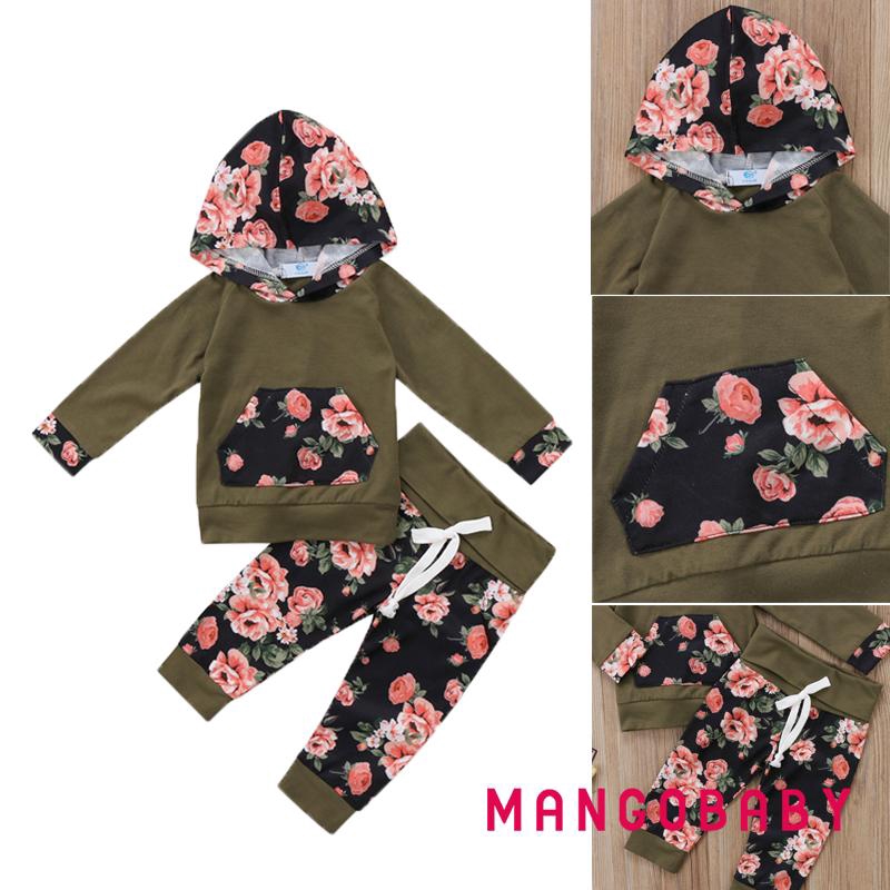 Set Áo Hoodie + Quần Dài In Hoa Dễ Thương Cho Bé Gái