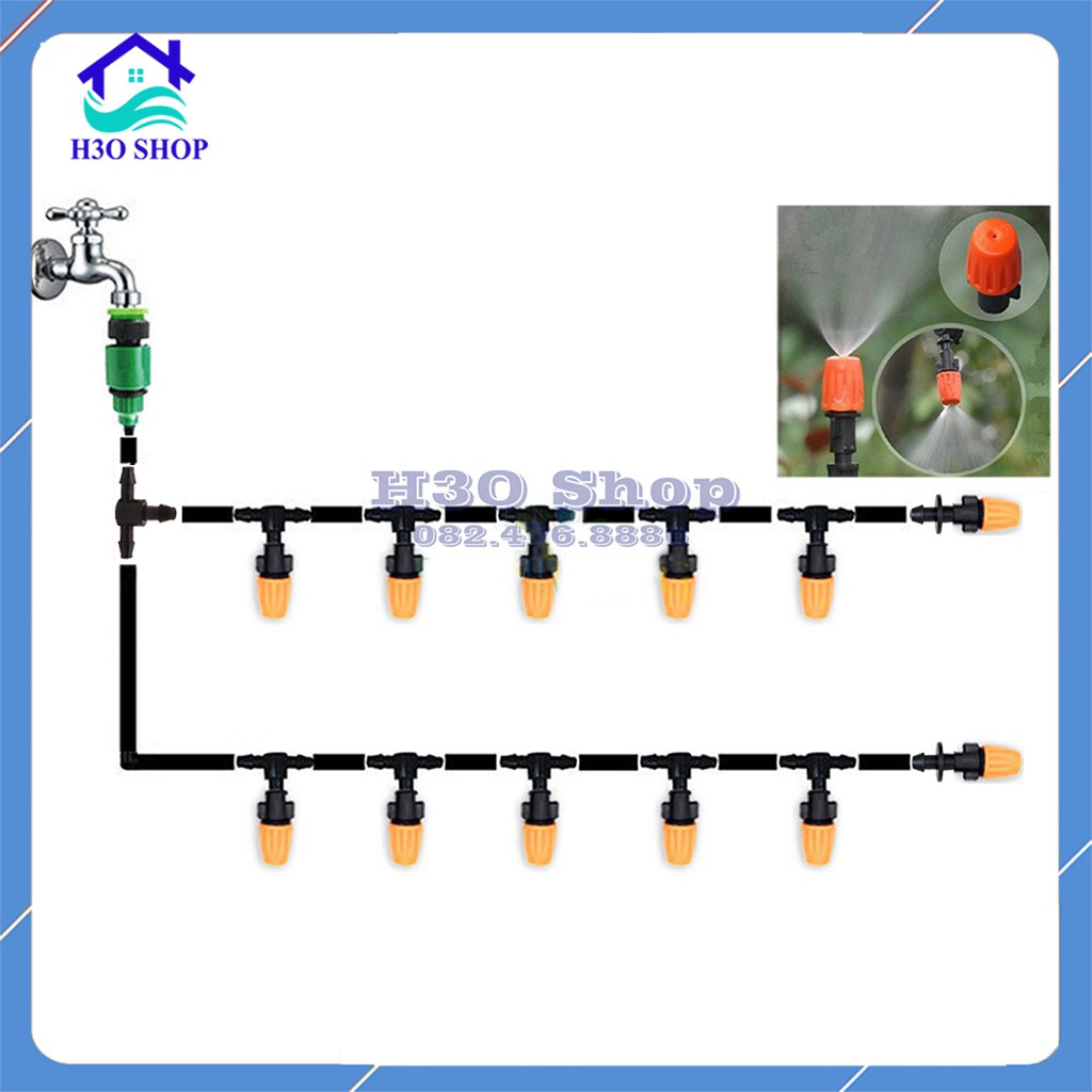 Trọn bộ béc phun sương tưới lan, làm mát, tưới cây.... đầu cam điều chỉnh được tia tưới