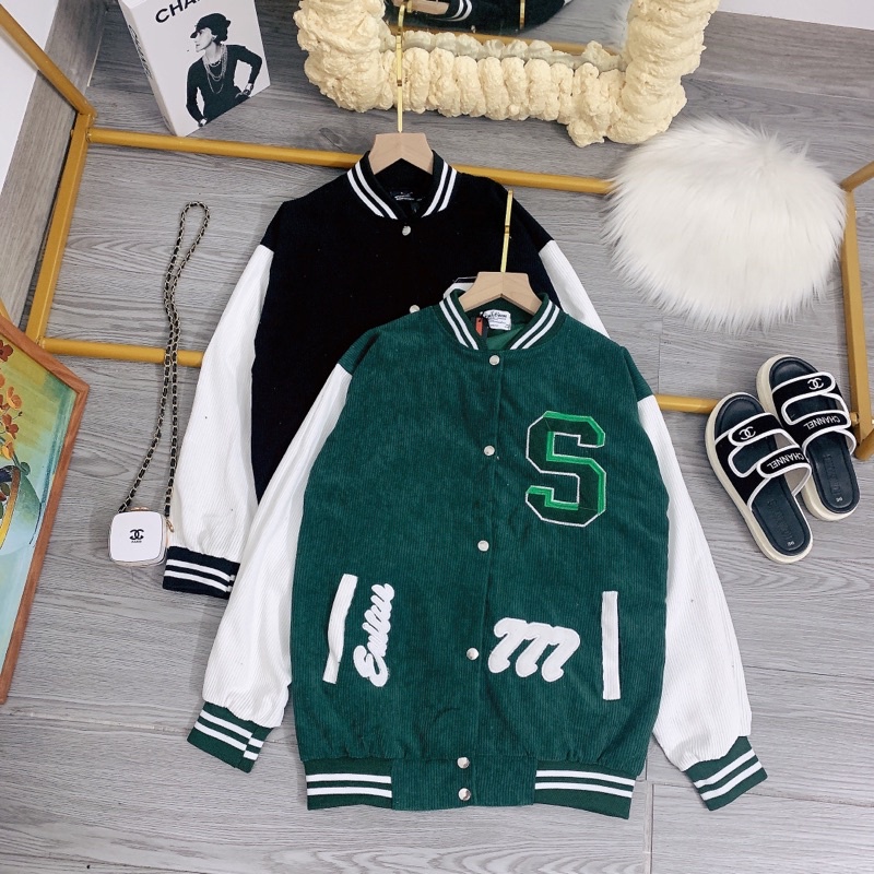 Áo Bomber Thể Thao Áo Khoác Bóng Chày Nhung Tăm Chữ S