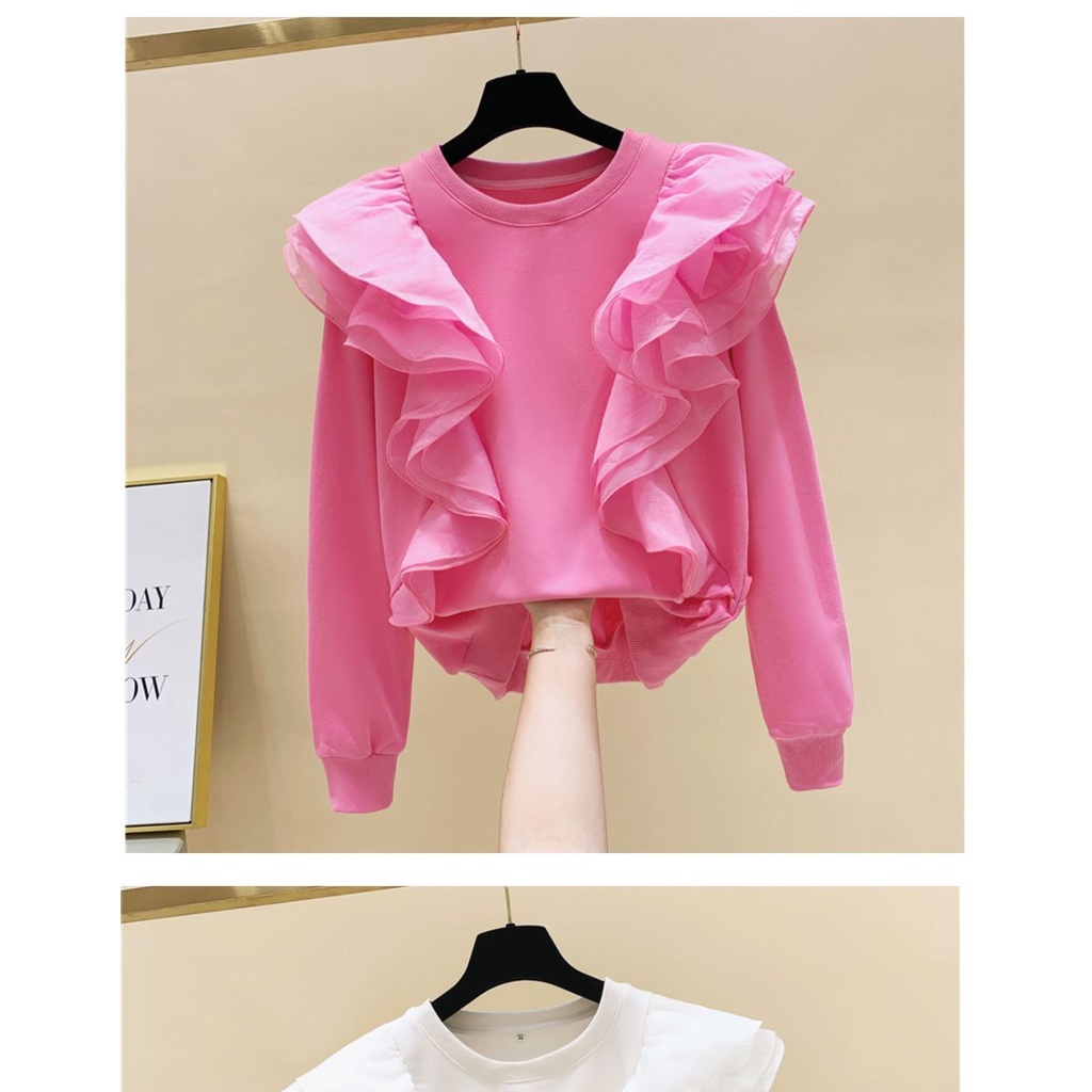 Áo sweater cổ tròn tay dài phối lưới thời trang mùa thu phong cách Hàn Quốc mới dành cho nữ 2021