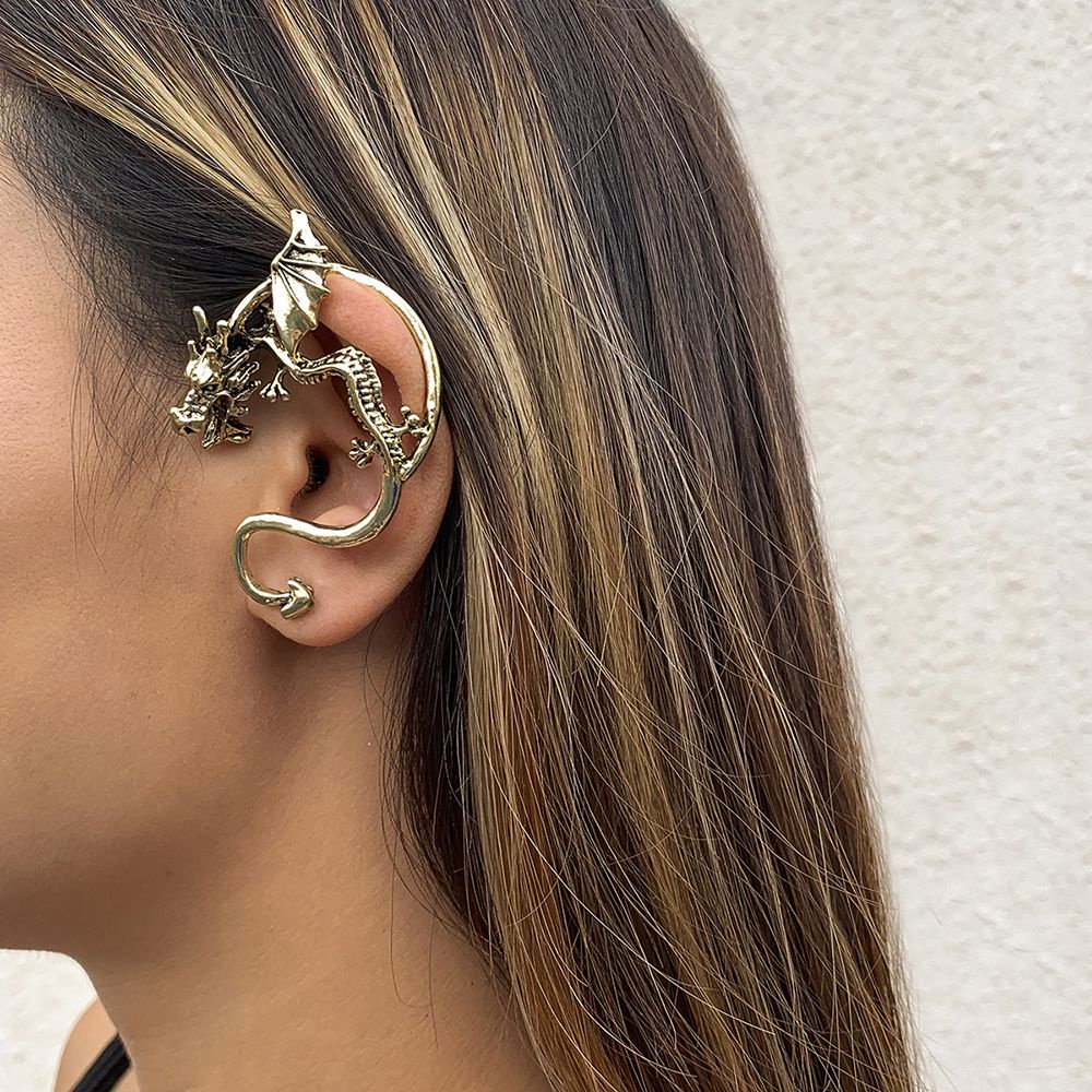 Khuyên kẹp vành tai ba chiều hình rồng phong cách retro cá tính cho nam và nữ
