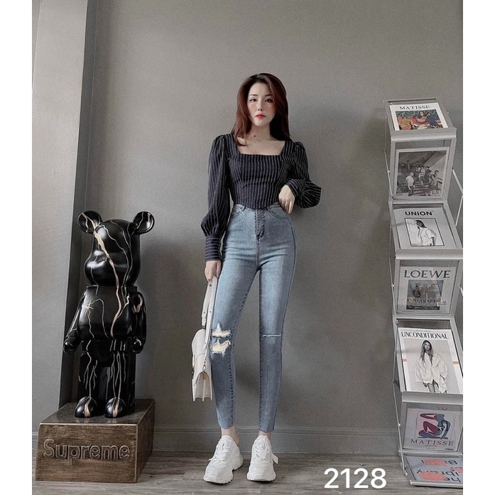 Bigsize(31-35)Freeship Quần Bò Jeans Nữ Ôm Body VNXK Lưng Cáo Size Lớn Ms 2128 - TCshopjean