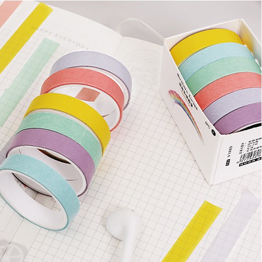 Hộp 06 băng keo giấy Washi tape Pison, băng dính trang trí sổ butllet journal – BK001 – 1 bộ
