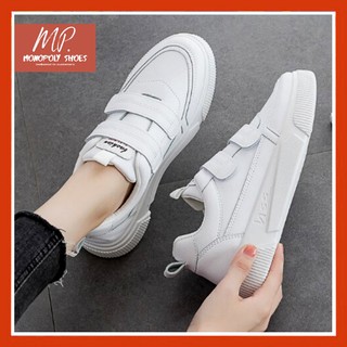 Giày thể thao nữ VELCRO đế êm cao 3cm da Pu mềm màu trắng thoáng chân quai dán cá tính năng động bền đẹp