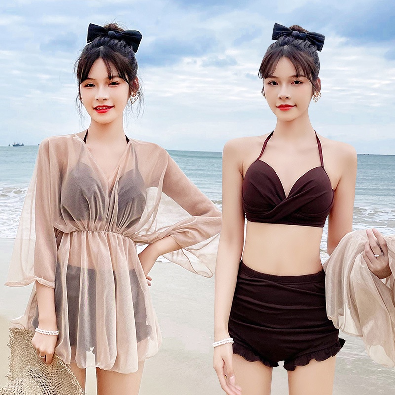 Summer062 Bộ đồ bơi nữ ba mảnh với bộ bikini che kín đáo Đồ đi tắm biển phù hợp bãi mùa hè