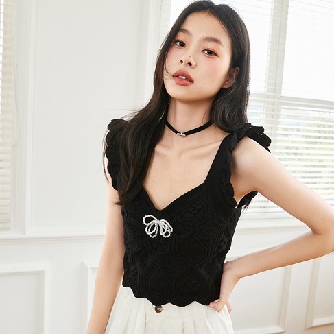 Áo Dệt Kim Hai Dây Cổ Chữ V Thắt Nơ Xinh Xắn Thời Trang